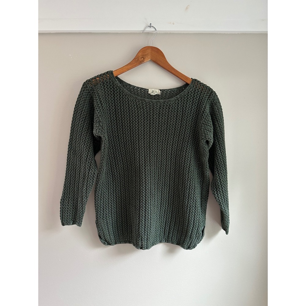J.Crew Sweater Women Medium Green EUC Linen Cotton Open Knit Mesh Crochet Boho